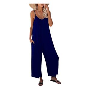 Women's Navy Blue Cotton Blend Wide Leg Jumpsuit Adjustable Straps Size Small